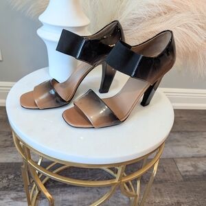 Prada Black and Tan Stiletto Heels with Geometric Pattern